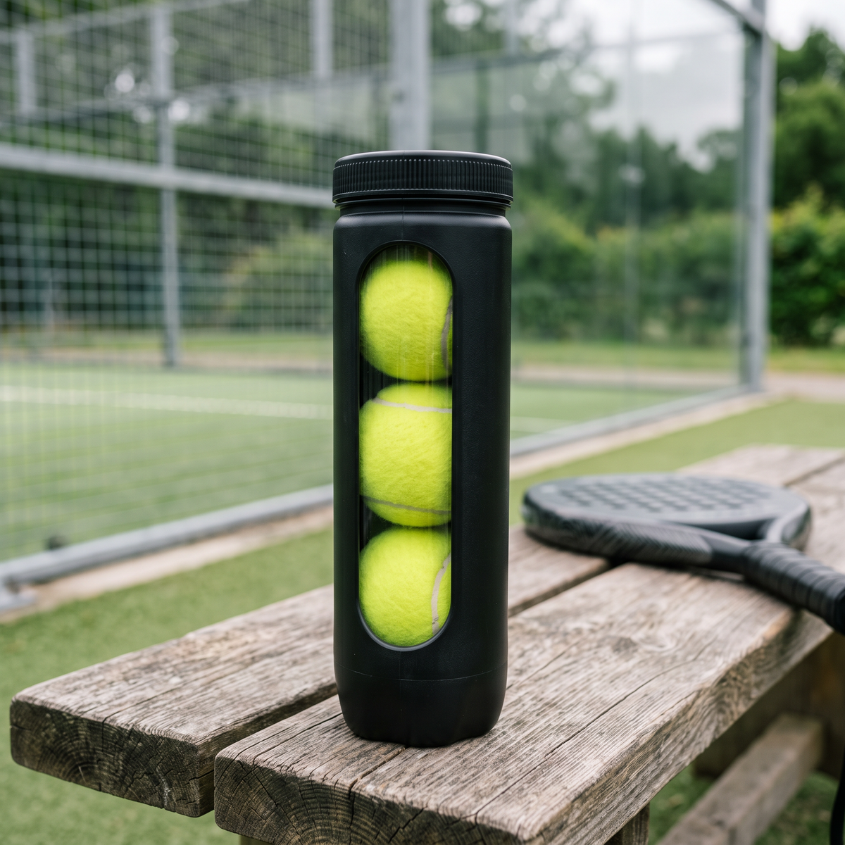 Balldruck-Dose mit Tennisbällen auf Bank am Padel-Court (Abbildung ähnlich)