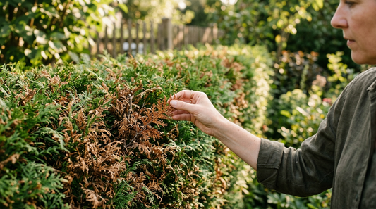 Thuja-Hecke mit braunen Trieben – Magnesiummangel erkennen