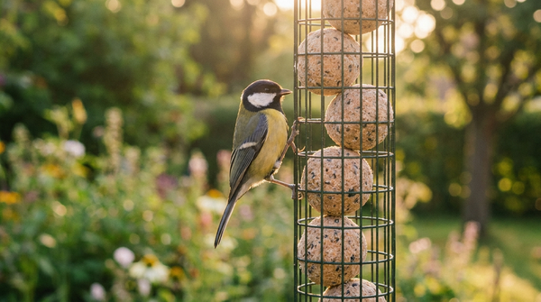Kohlmeise am Meisenknödel-Spender im Garten