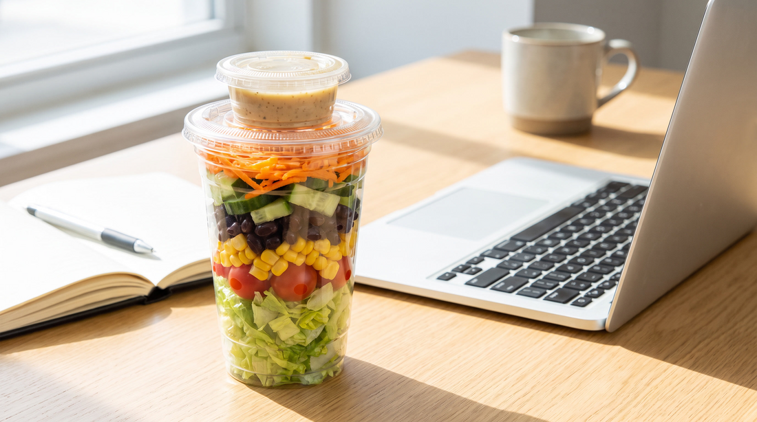 Geschichteter Salat im To-Go-Becher mit Dressing-Fach auf Bürotisch