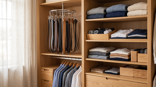Aufgeräumter Kleiderschrank mit Gürtel-Karussell