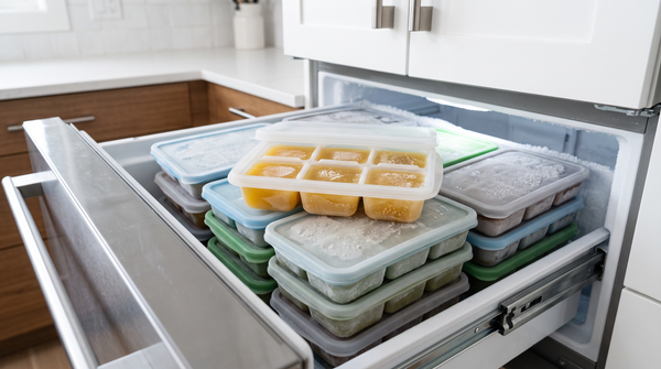 Gestapelte Portionsformen mit gefrorenen Brühe-Würfeln im Gefrierfach