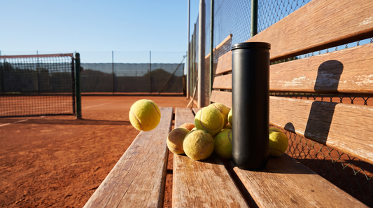Tennisbälle und Druckdose auf Court-Bank