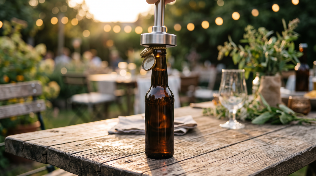 Push-Down-Öffner öffnet Bierflasche am Gartentisch