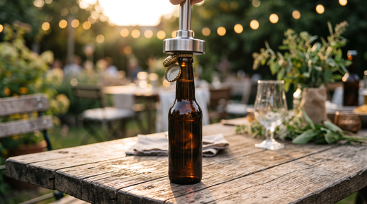 Push-Down-Öffner öffnet Bierflasche am Gartentisch