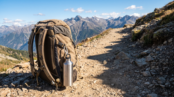 Trinkflasche am Rucksackgurt auf Bergpfad