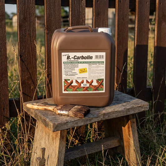 B.Carbolin Kanister am Holzzaun