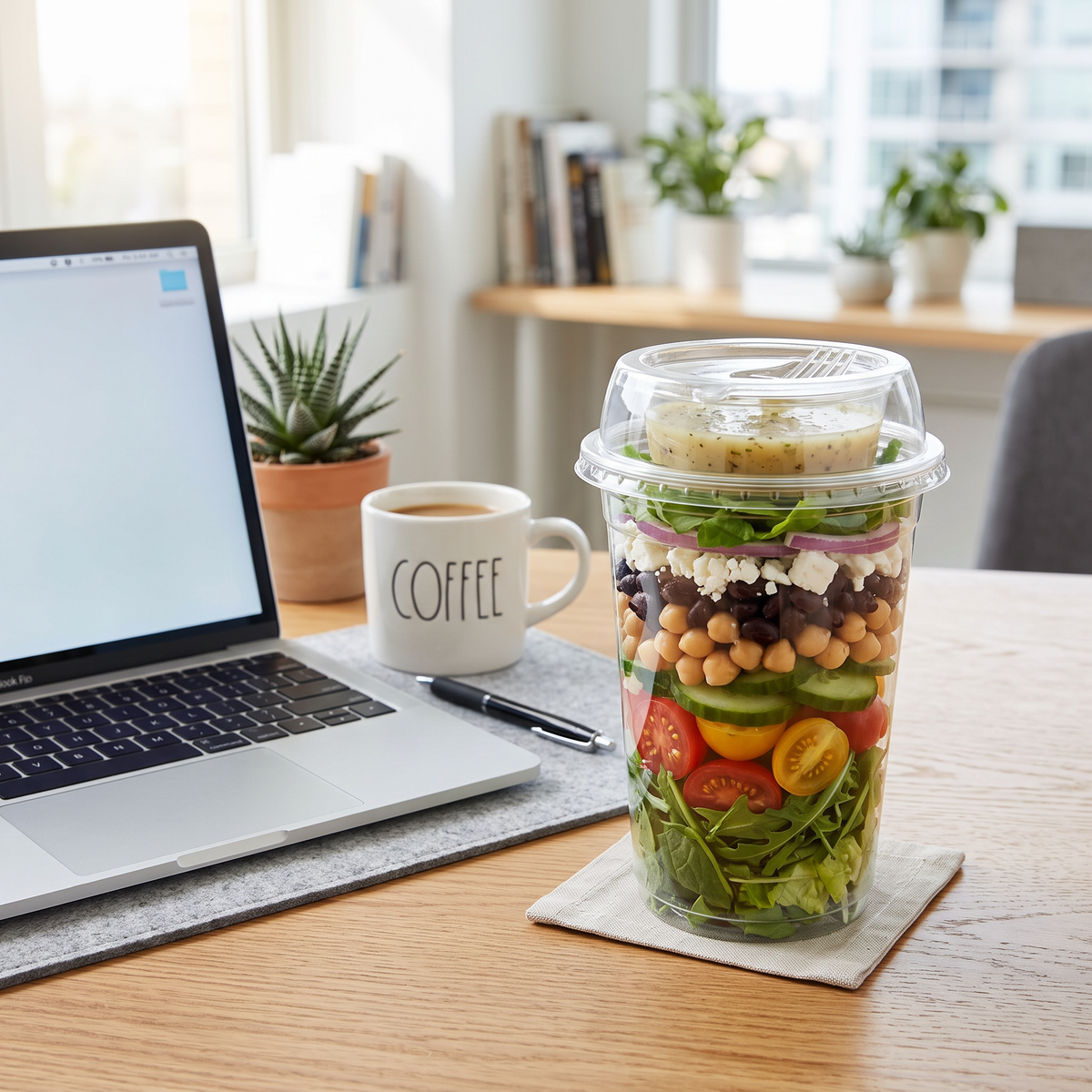 Salat-Becher To-Go mit Schichten und separatem Dressing-Fach auf Bürotisch (Abbildung ähnlich)