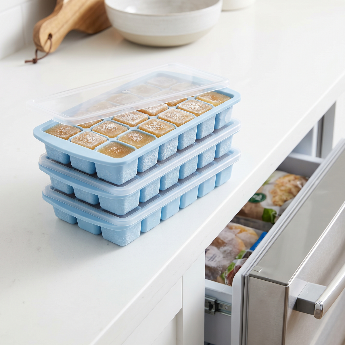 Gestapelte Silikon-Portionsformen mit Deckel und gefrorenen Brühe-Würfeln (Abbildung ähnlich)