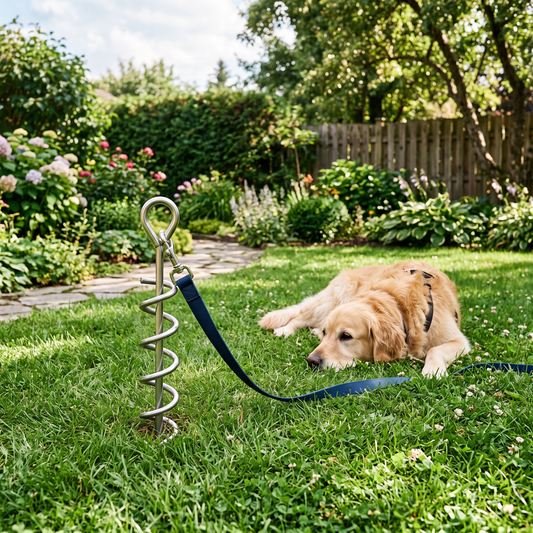 Spiral-Bodenanker mit Leine im Rasen, entspannter Hund daneben (Abbildung ähnlich)