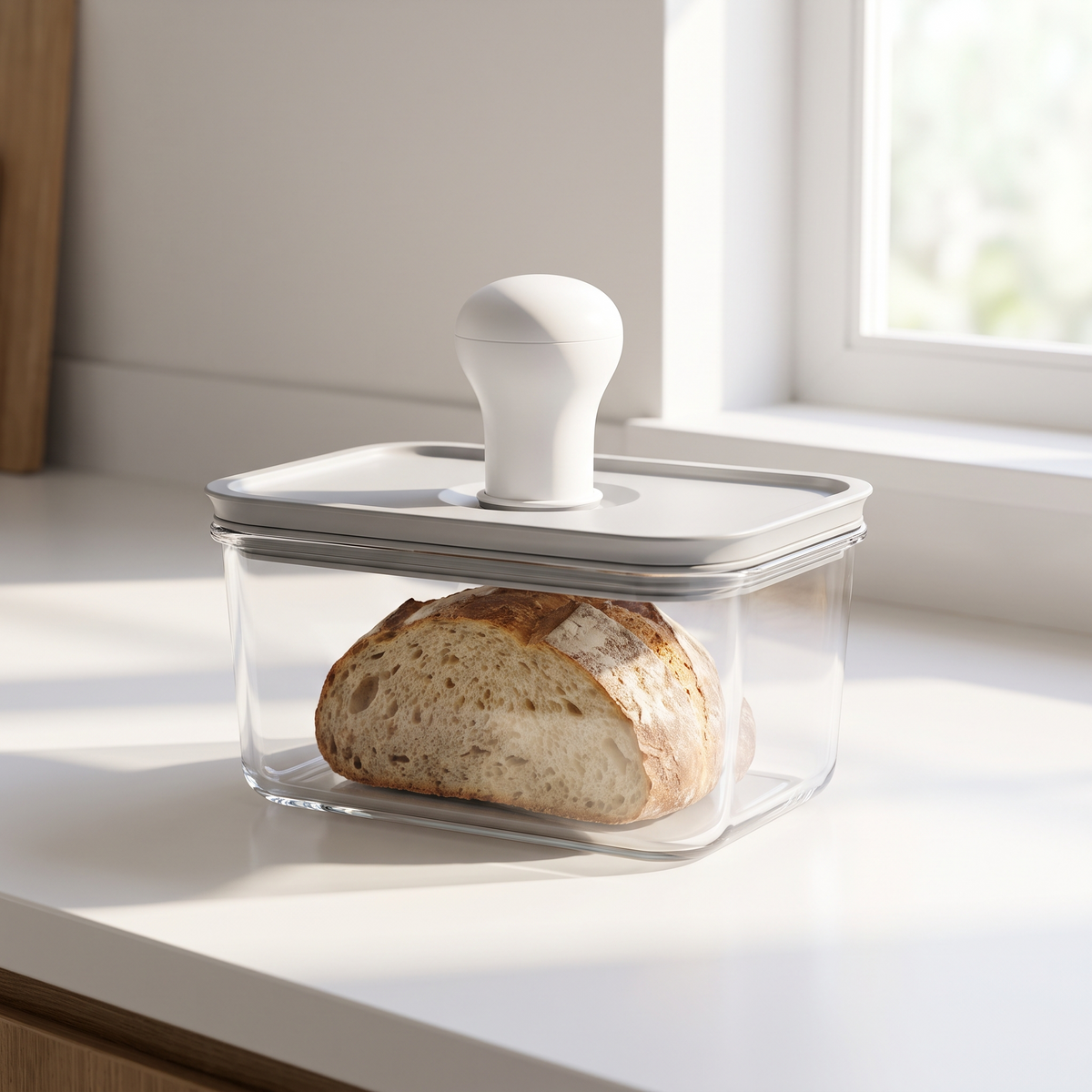 Vakuum-Frischebox mit Handpumpe und Brot auf Küchenarbeitsplatte (Abbildung ähnlich)
