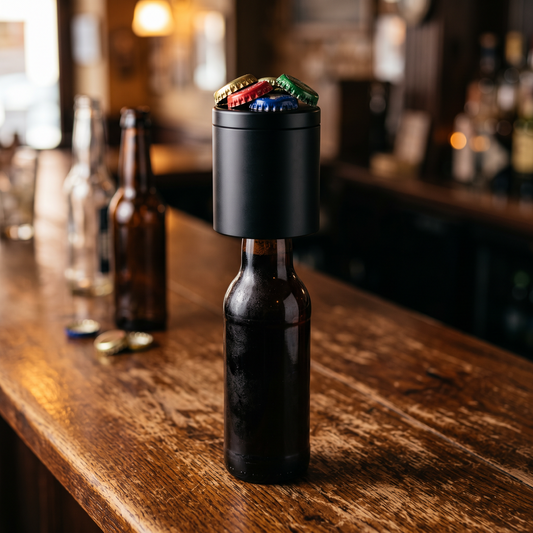 Push-Down-Magnet-Flaschenöffner auf Bierflasche mit gesammelten Kronkorken (Abbildung ähnlich)