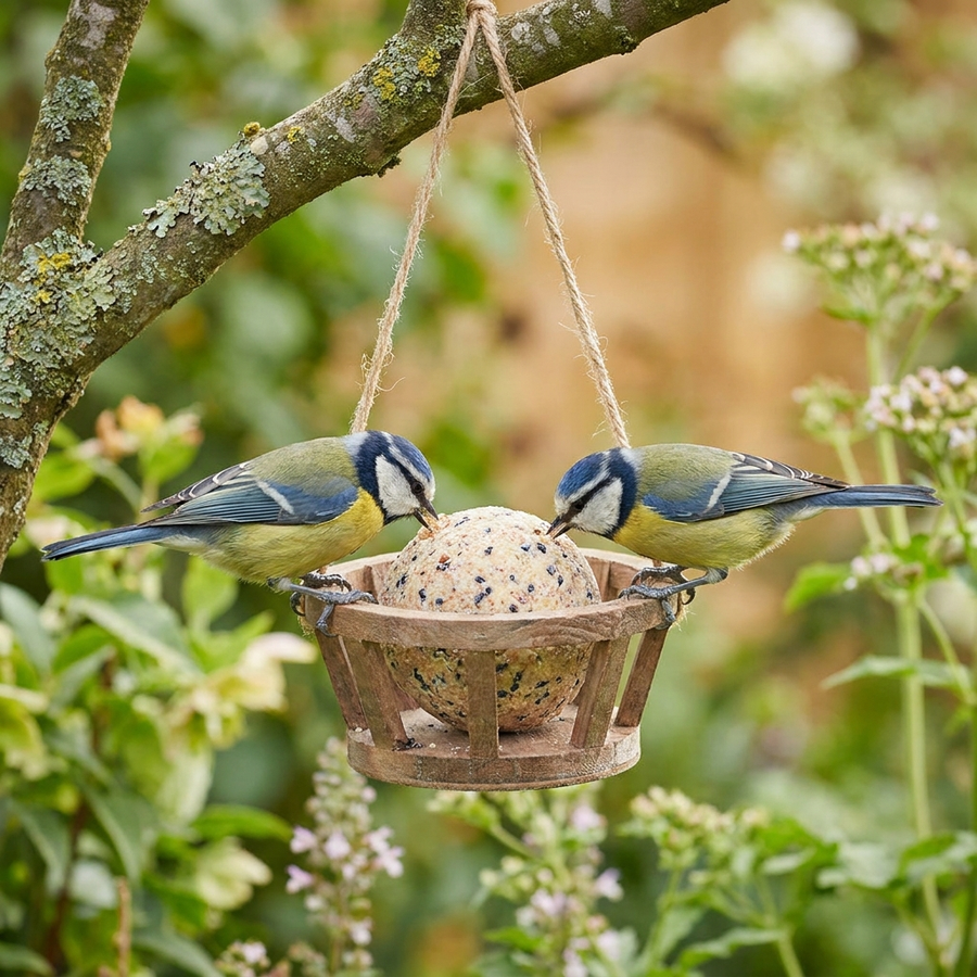 Zwei Meisen fressen an einem Meisenknödel im Garten