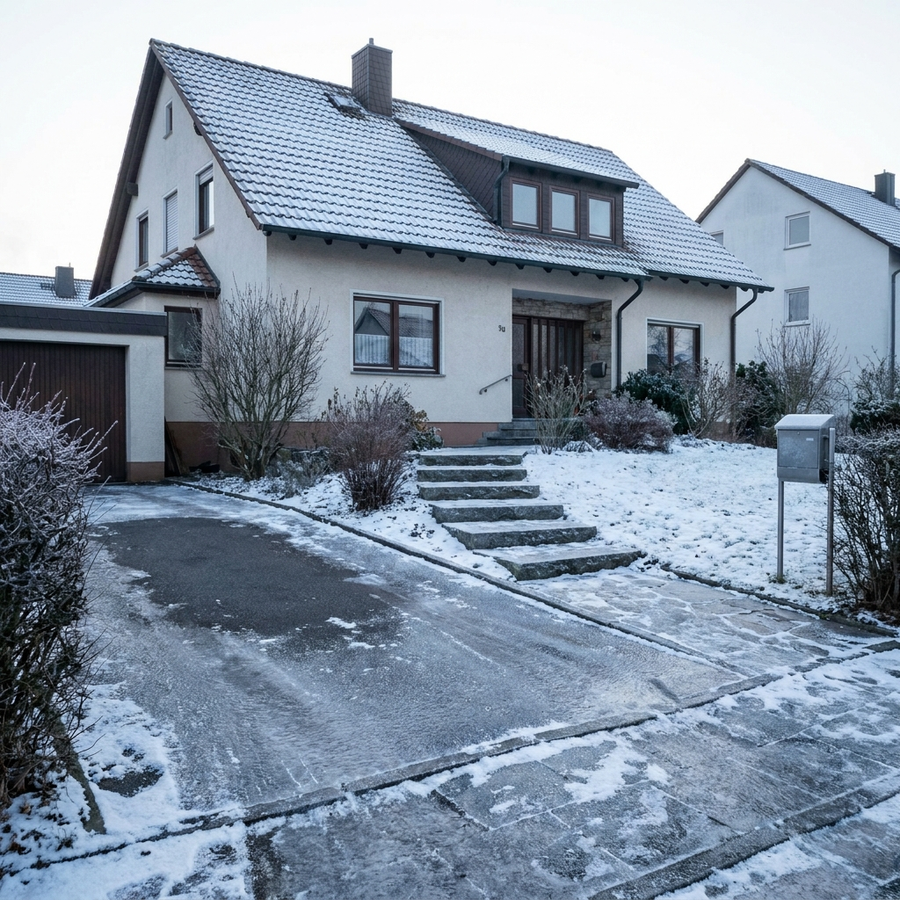 Vereiste, glatte Einfahrt vor einem Wohnhaus im Winter